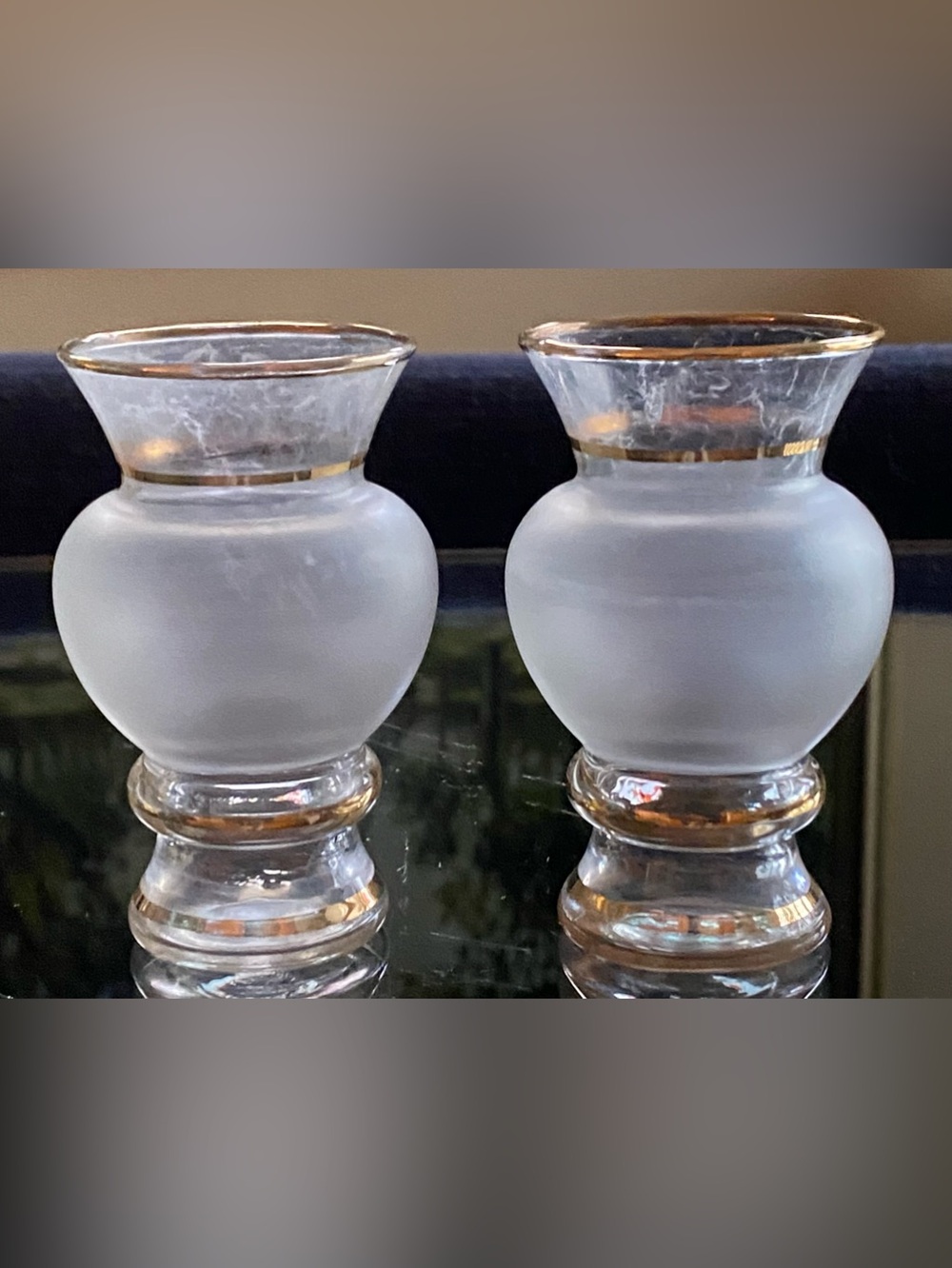 Vtg 50s Bartlett-Collins Frosted Mini Bud Vases w Gold Trim Set of 2
